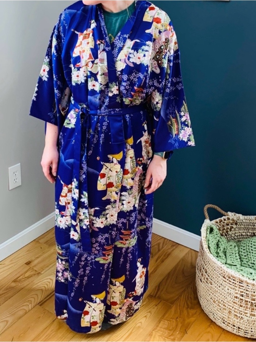 Women's Blue Floral Kimono Robe - Elegant Long Satin Wrap